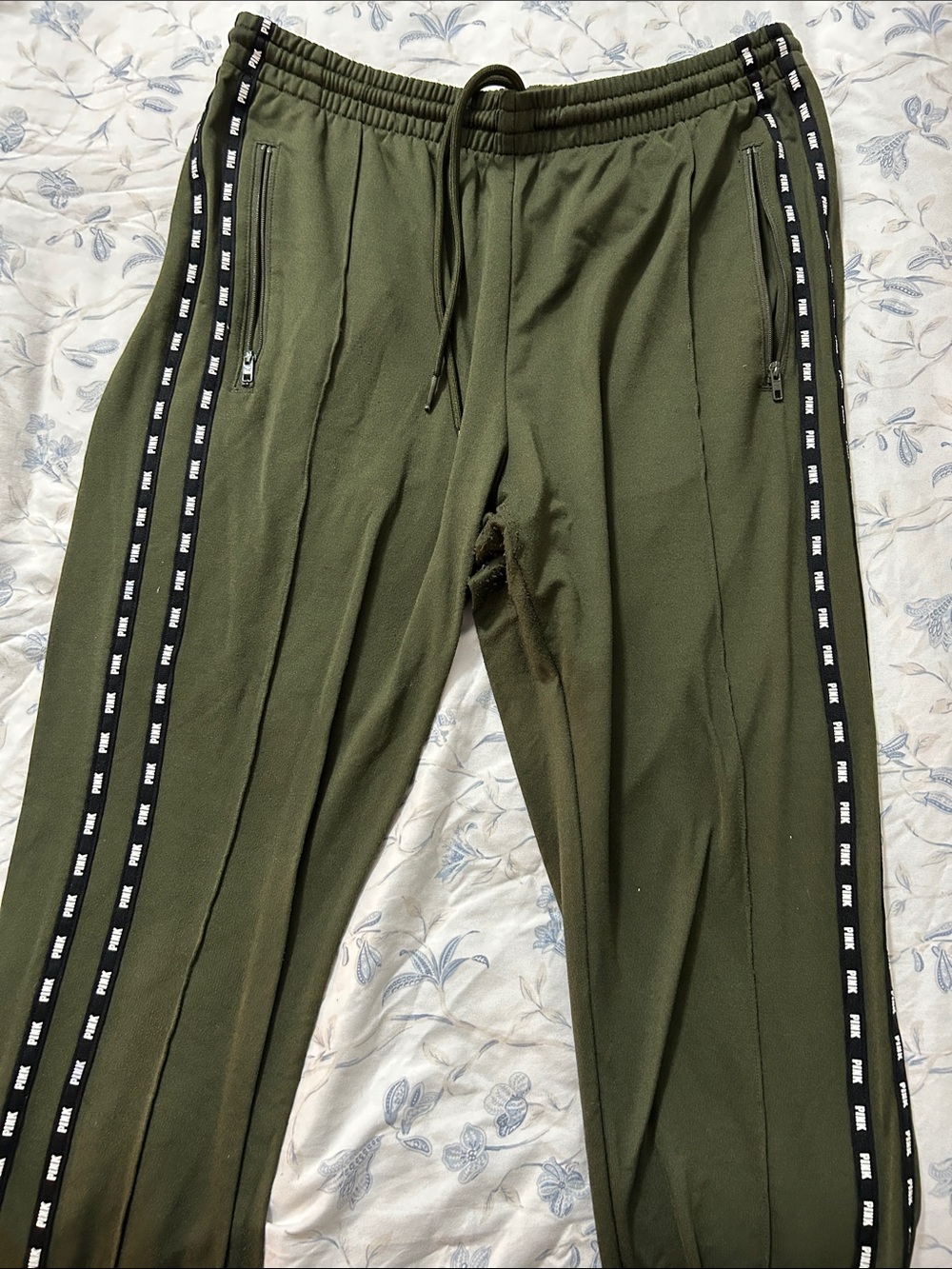 PINK Victoria's Secret Olive Green Track Joggers with Black Side Tape